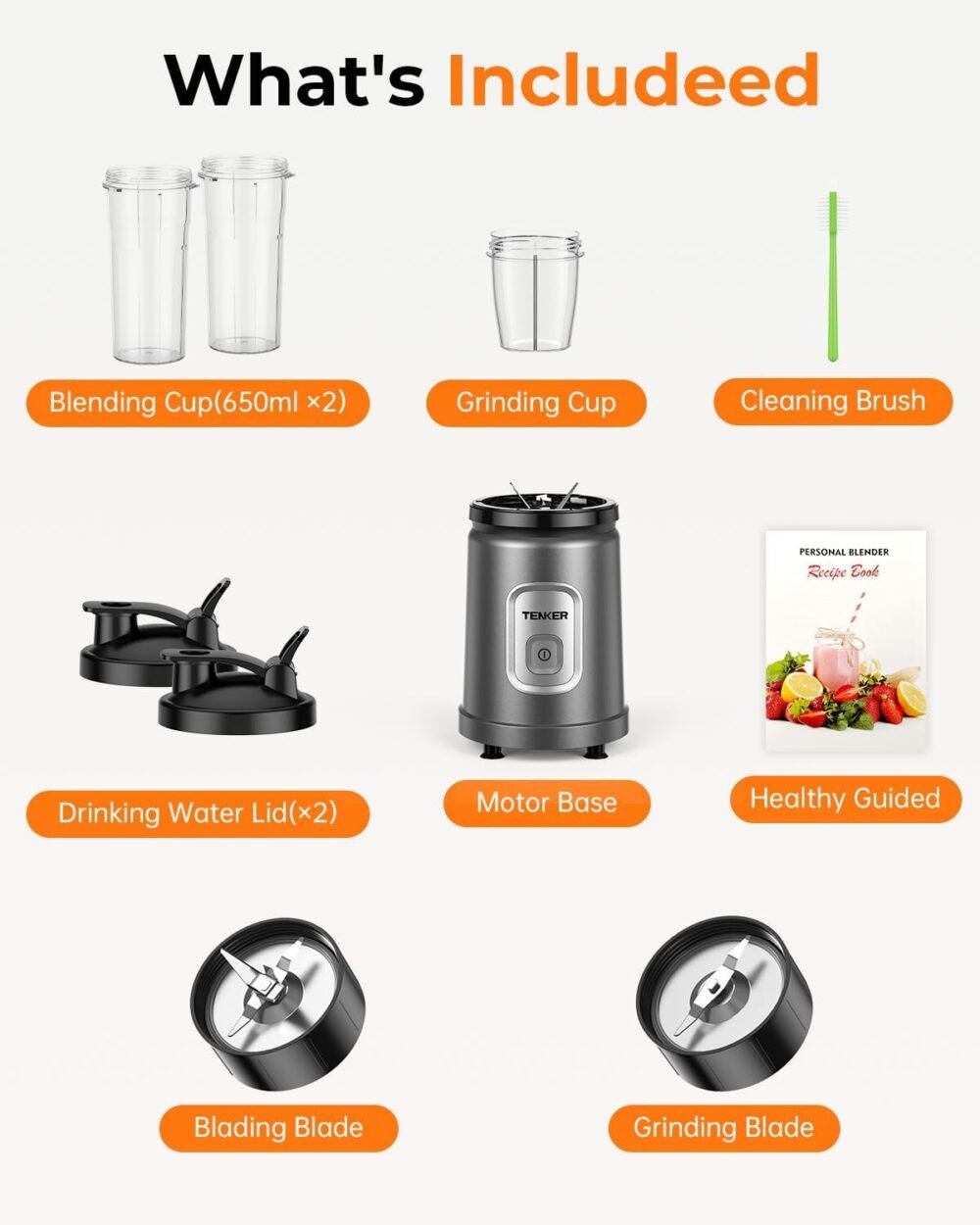 TENKER Smoothie Blender Personal Size for Shakes and Smoothies, with 2 * 650ml Blending Cup, 1*Grinding Cup Non-BPA, Extractor Blends Nuts, Frozen Fruit & Ice - Image 8