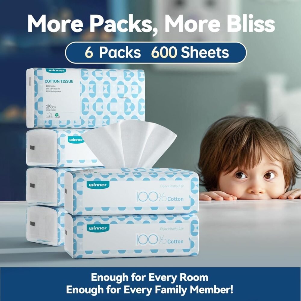 Winner Soft Face Towels, 100% USDA Biobased Facial Towels, Unscented Cotton Tissues for Sensitive Skin, OEKO-TEX Certified Face Towelettes Disposable, Makeup Remover Dry Wipes, 600 Ct, 6 Pack - Image 8